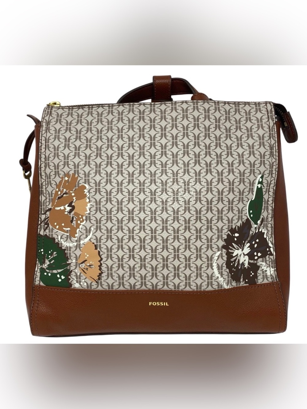 Fossil Elina Monogram Floral Convertable Backpack Brown Leather Key Charm EUC